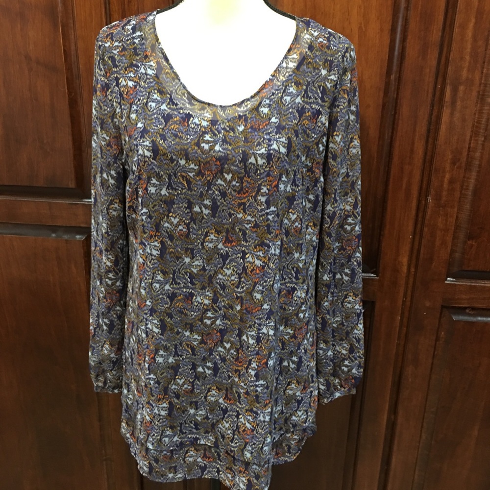 CAbi tunic in navy, light blue, brown, and orange